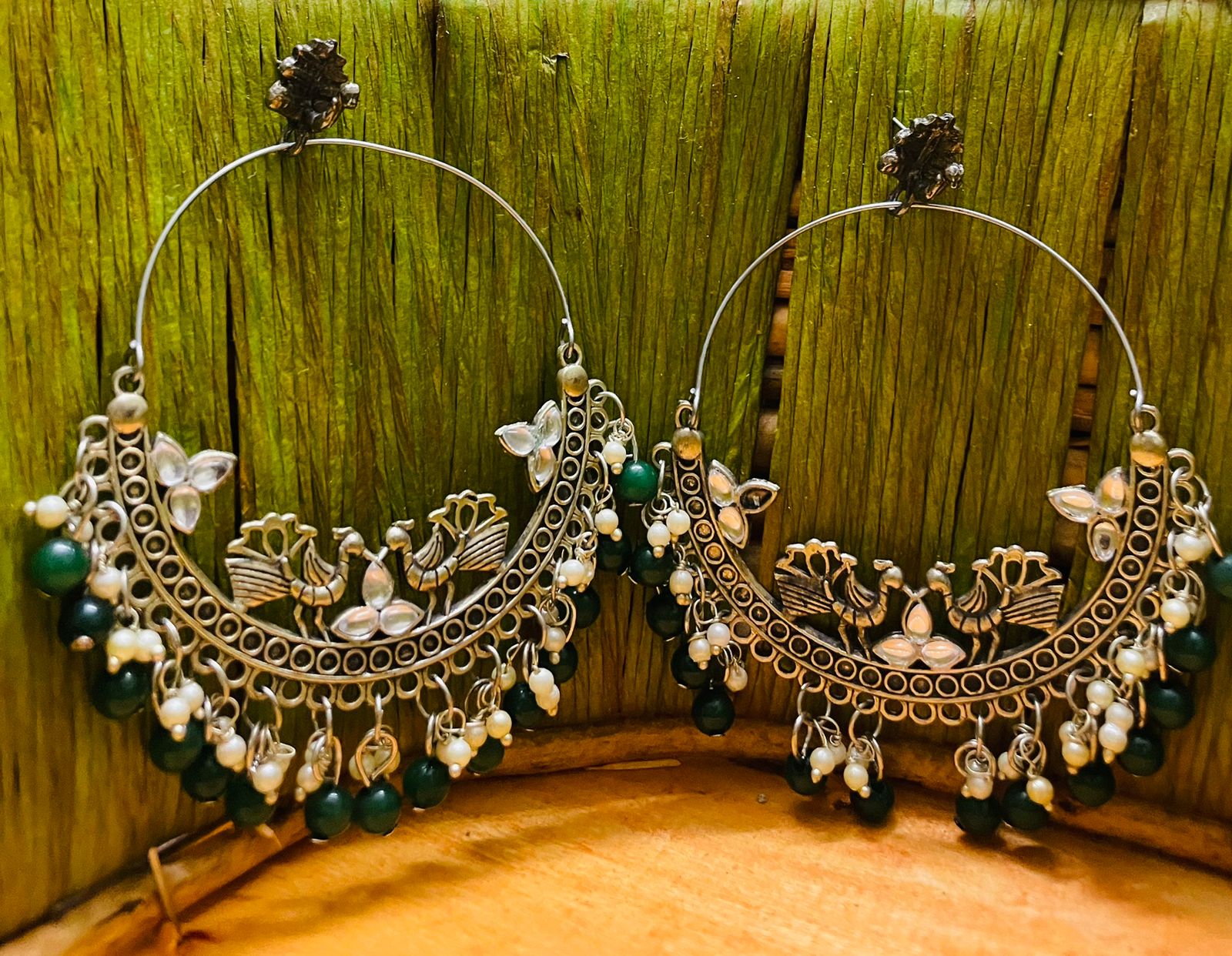 Oxidised Green White Pearl Chandbali