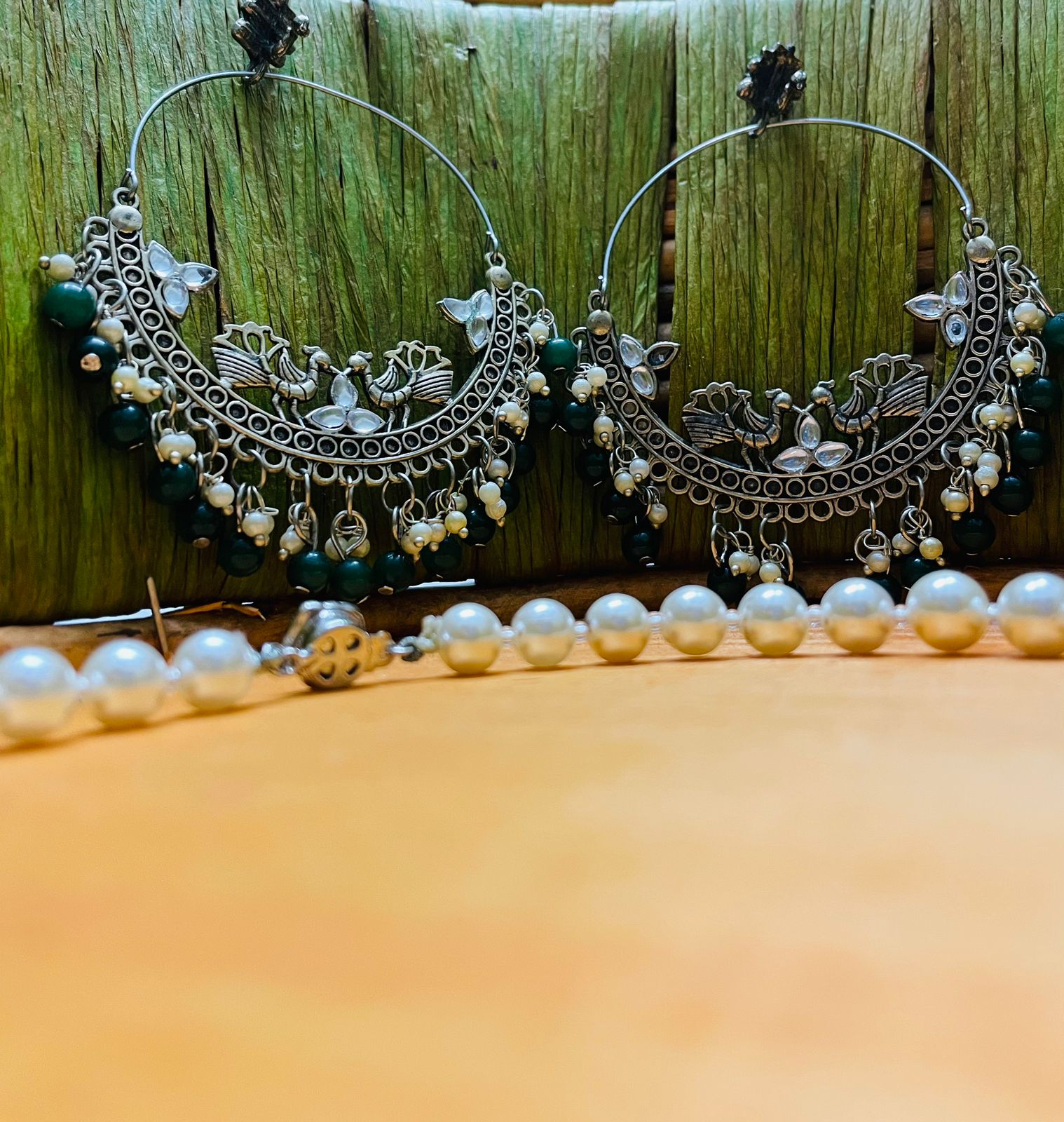 Oxidised Green White Pearl Chandbali